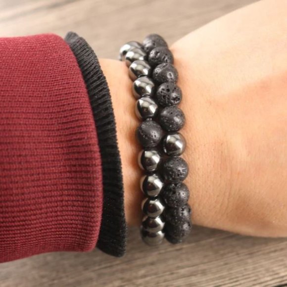 8mm Hematite Black Lava Rock Stackable Protection Beaded Stretch Bracelet - Picture 4 of 7
